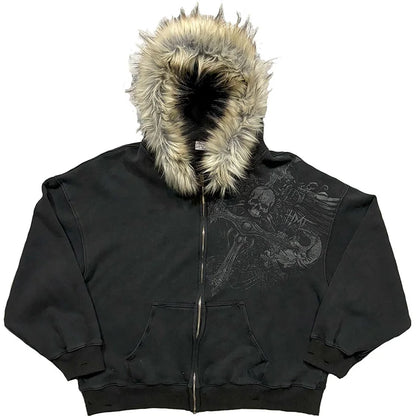 Autumn/Winter Y2k Women Aesthetic Harajuku Faux Fur Collar Hoodies Clothes Graphic Hip Hop Punk Gothic Zip Up Hoodies 2025 new