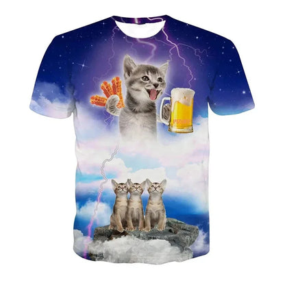 Summer 3D Print Funny Cats T Shirt Men Galaxy Cat Graphic Short Sleeve Personality Casual O-neck Street Round Neck Tees Clothes