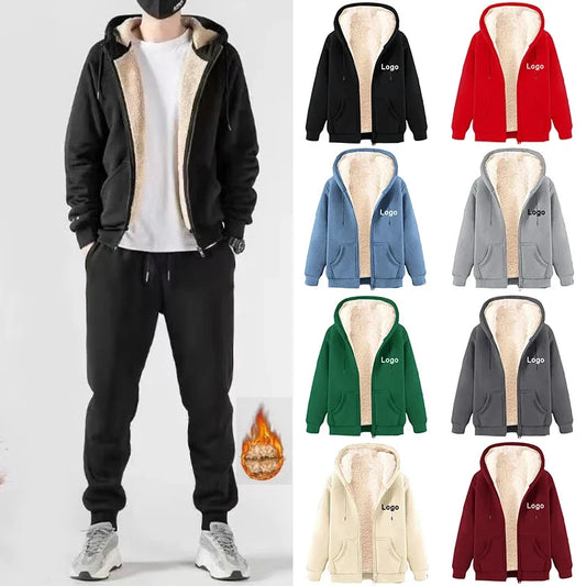 Customized Fleece Liner Zip Up Hoodies Men Fashion Autumn and Winter Long Sleeve Printed Sweatshirts Thick Zipper Pullovers