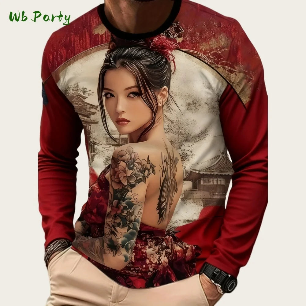 Japanese Long Sleeve Mens 3D Samurai Cartoon Pattern T-Shirt O-Neck Long Short Sleeve Breathable Style Streetwear Men's Clothing