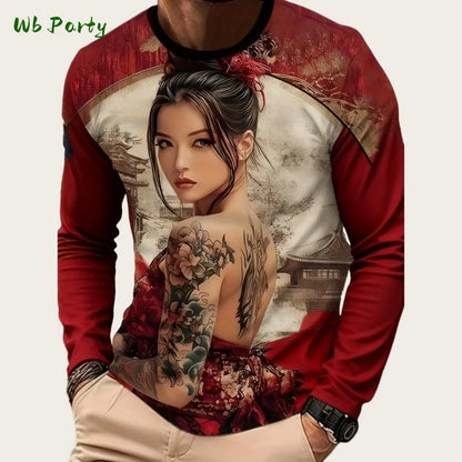 Japanese Long Sleeve Mens 3D Samurai Cartoon Pattern T-Shirt O-Neck Long Short Sleeve Breathable Style Streetwear Men's Clothing