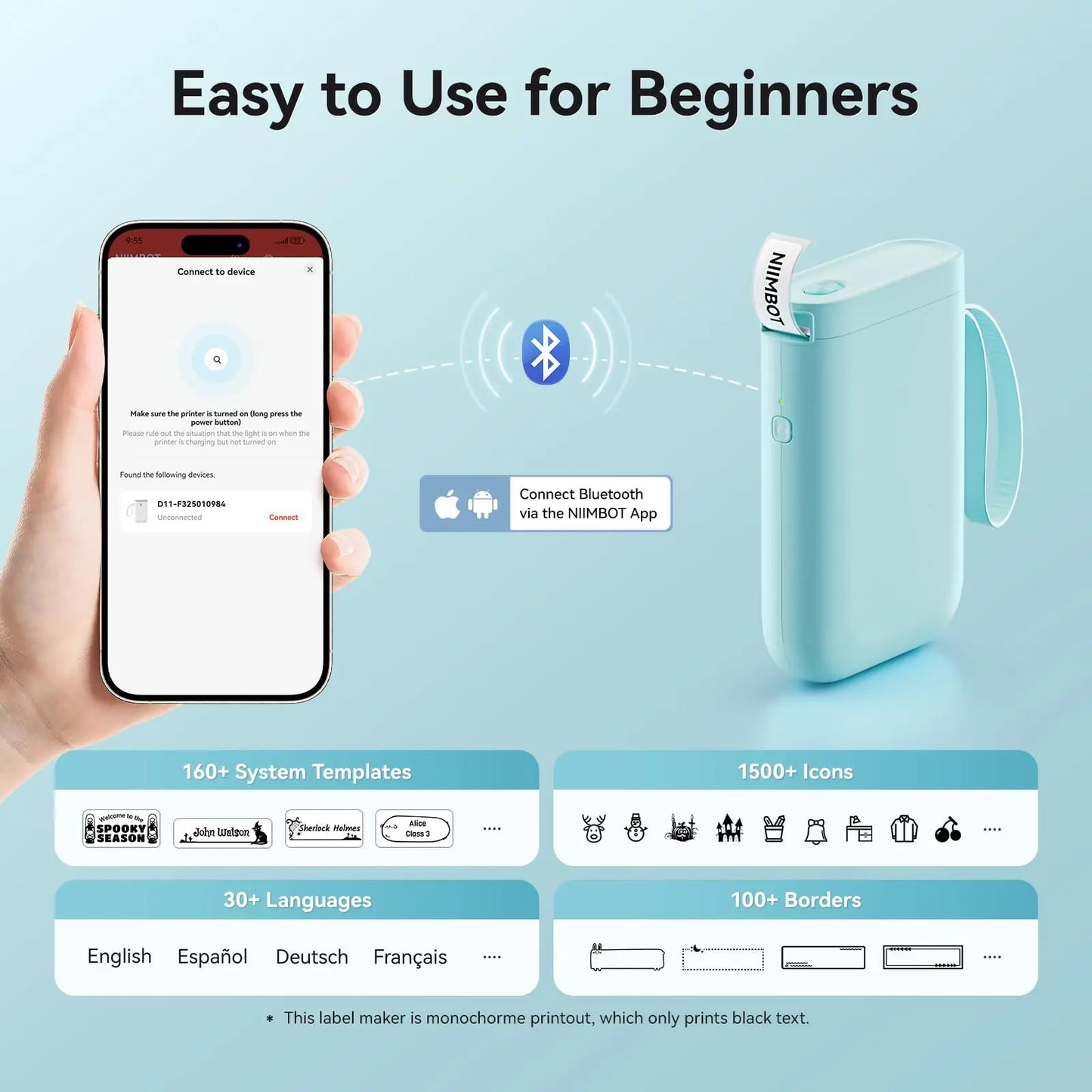 Niimbot D11 Label Printer Portable Wireless Connection Multiple Templates for Phone Easy to Use Office Home USB Rechargeable