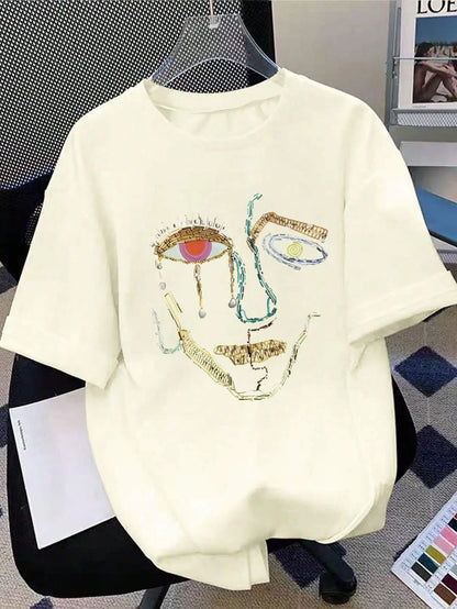 100% Cotton T-Shirts For Women Color Graffiti Woman's Face Printing Clothes Street Fashion Tops Loose Casual Short Sleeve Tees