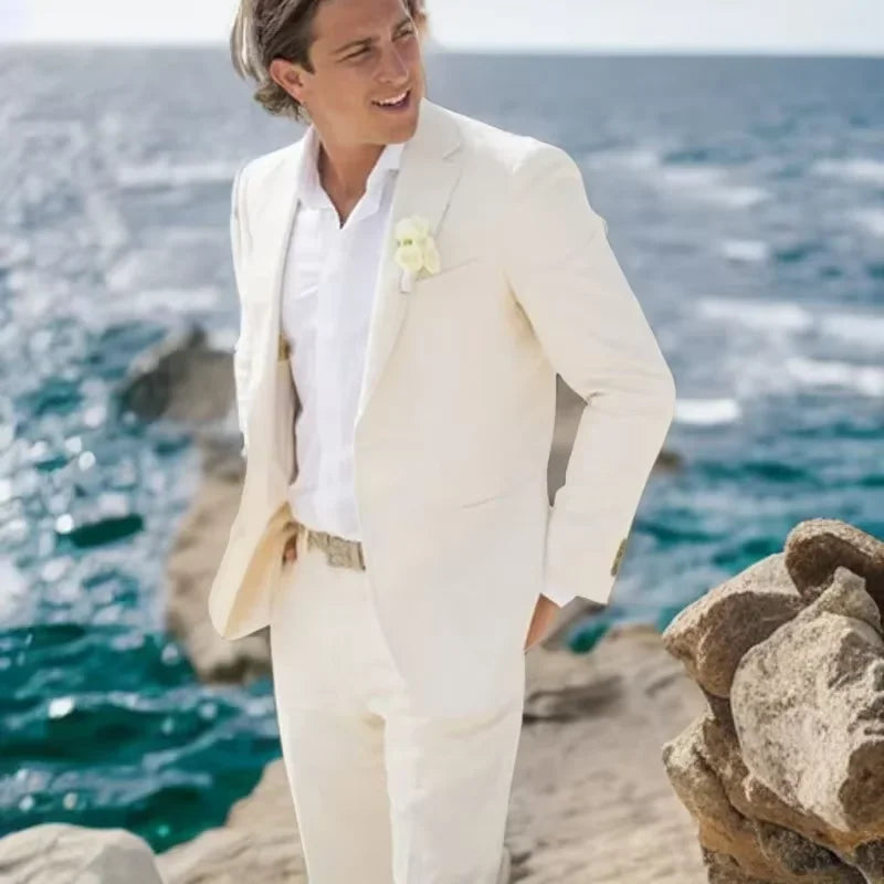Linen Beach Wedding Suits for Men Slim Fit Groom Tuxedo Formal Prom 2 Pieces Male Fashion Jacket with Pants 2025
