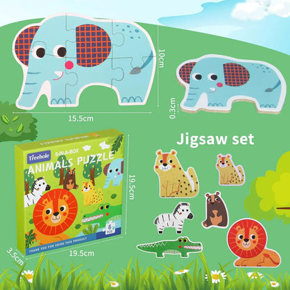 6 Packs Animals Shaped Wooden Jigsaw Puzzles for Toddlers Ages 2-5,Montessori Learning Toys Preschool Educational Activity