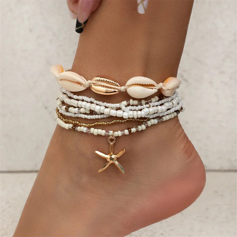 7pc/set Bohemian Rice Beads Starfish Pendant Anklet Set Fashion Summer Beach Sea Shell Multilayer Ankle Bracelet On Foot Jewelry