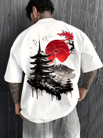 Men's T-Shirts Fuji Mountain Cherry Blossom Print Summer Autumn Harajuku Daily Sports Comfortable Casual Loose Short-Sleeve Top