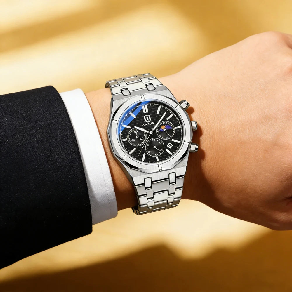 QINGXIYA Brand New Fashion Chronograph Quartz Watch for Men Stainless Steel Waterproof Luminous Date Luxury Men's Watches Reloj