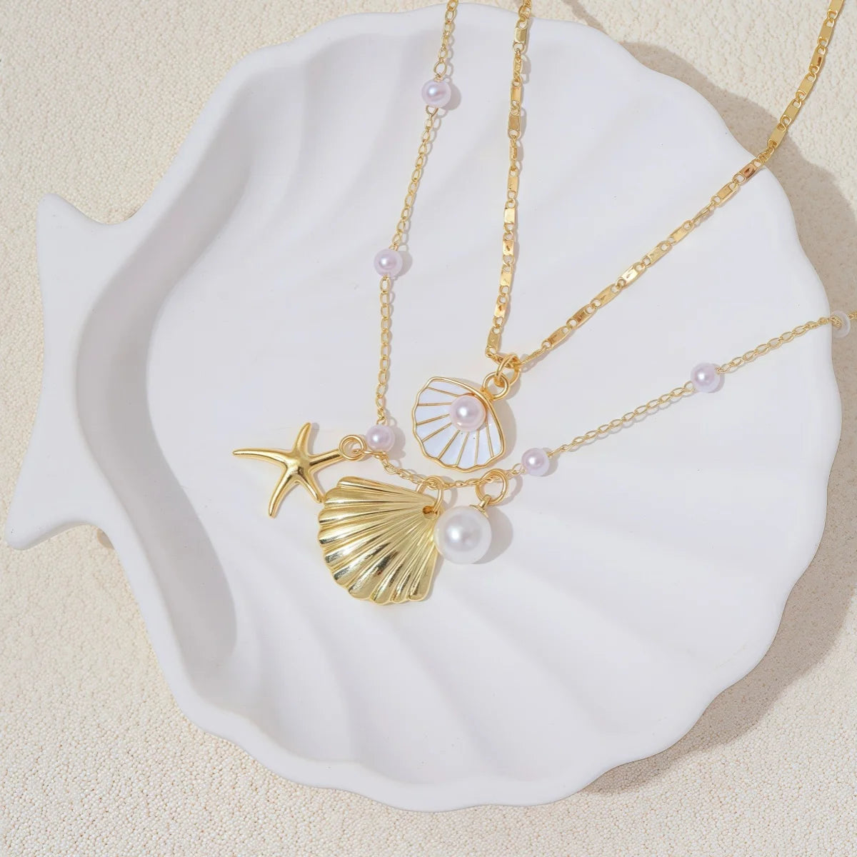 2pcs/set Fashion Shell Starfish Imitation Pearls Pendant Necklace for Women Summer Beach Jewelry Accessories