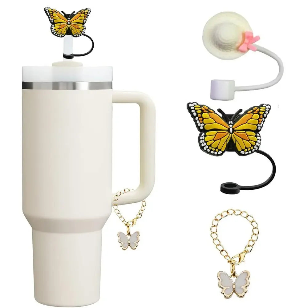 3pcs Accessories Set 1 Spill Proof Stopper Butterfly Straw Cover Boot 1 Straw and Brush and 1 Flower Charm Chain for Stanley Cup