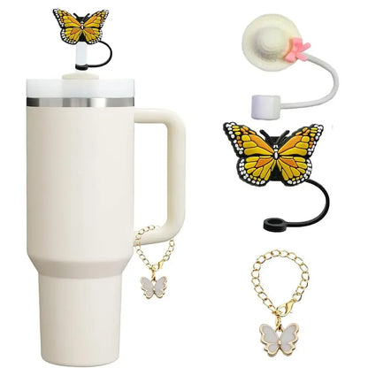 3pcs Accessories Set 1 Spill Proof Stopper Butterfly Straw Cover Boot 1 Straw and Brush and 1 Flower Charm Chain for Stanley Cup