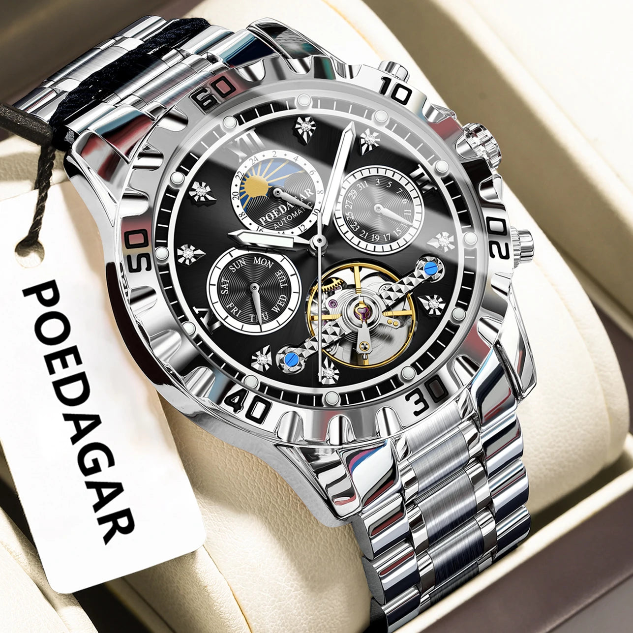 POEDAGAR Military Luxury Men Clock Mechanical Waterproof Man Watch Hollow Tourbillon Automatic Stainless Steel Men's Watches+Box