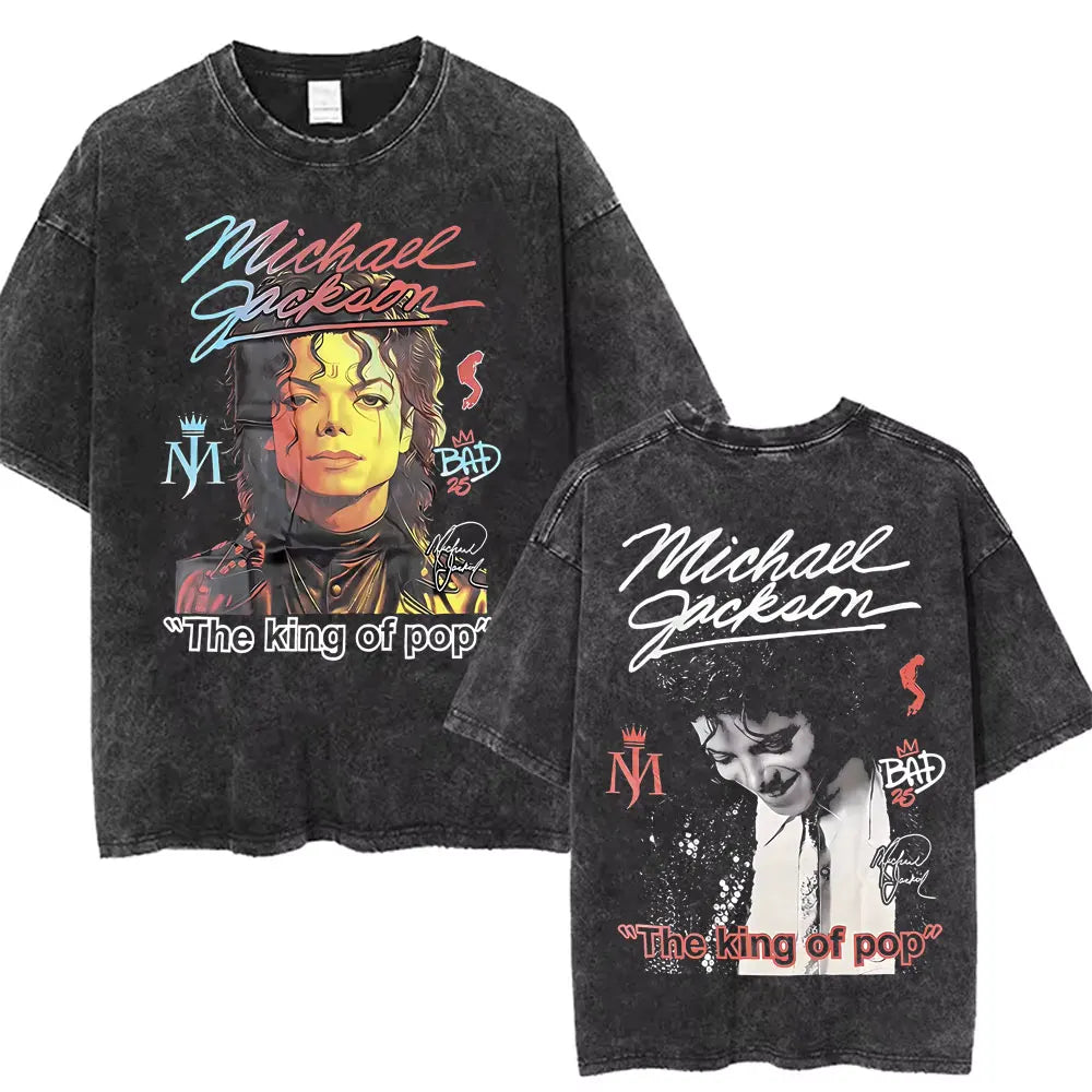 Vintage Washed Michael Jackson King of Pop T-shirt Men Women Retro Gothic Rock T-shirts Men's Punk Oversized T Shirts Streetwear