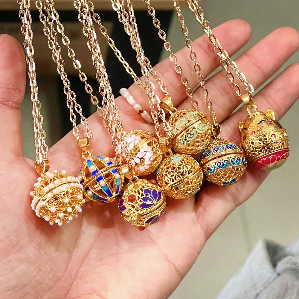Gradient Cloisonne Aromatherapy Hollow Cage Necklace Essential Oil Diffuser Locket Pendant Music Ball Simple Women Jewelry Gift