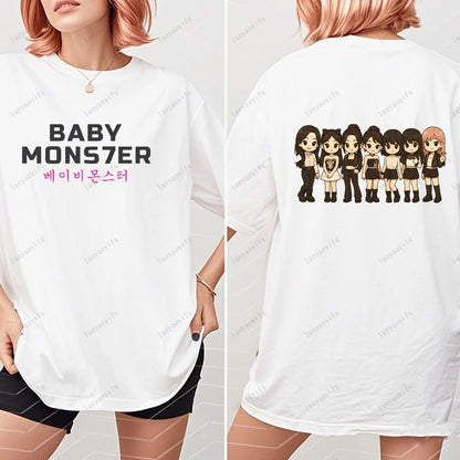 BABYMONSTER Kpop Band T-shirt Korean Fashion Summer Double Sided Tee Short Sleeve Cotton Comfortable Tshirts Women/Men Clothes