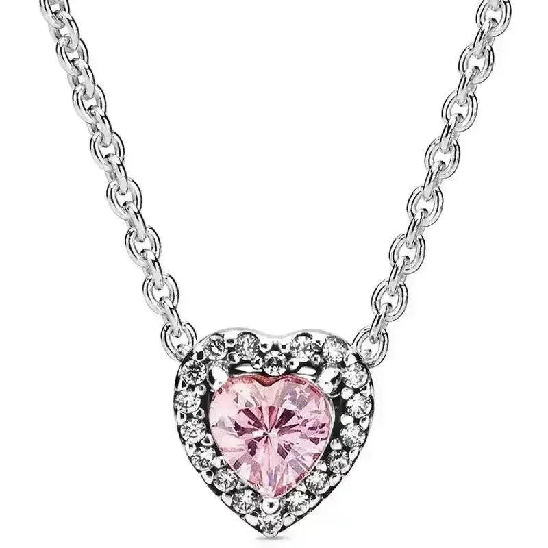 New 925 sterling silver heart-shaped earrings, rings, necklaces, pink red rainbow luxury set, sparkling charm jewelry,  gifts