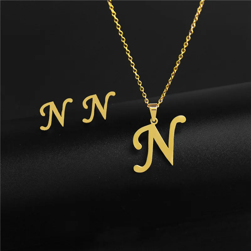 A-Z 26 Stainless Steel Initial Necklace and Earring Jewelry Set Letter Pendant Chain Alphabet Mom Christmas Gift