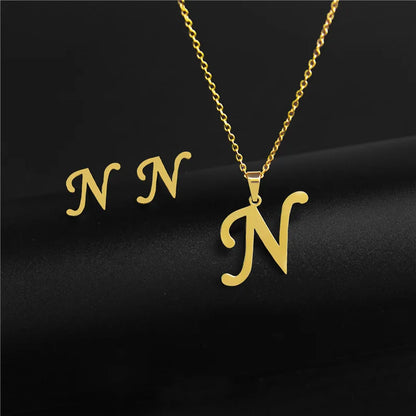 A-Z 26 Stainless Steel Initial Necklace and Earring Jewelry Set Letter Pendant Chain Alphabet Mom Christmas Gift