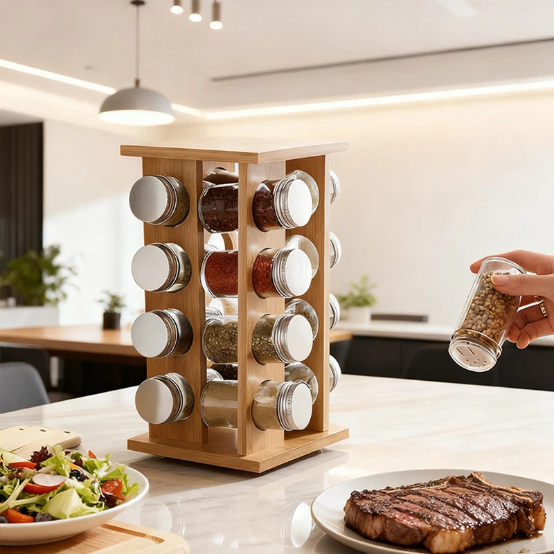wooden kitchen condiment rack rotatable fragrance finishing rack multi-layer seasoning bottle storage rack