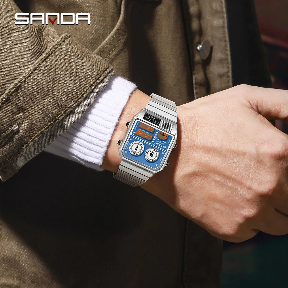SANDA New 3192 Men's Square Men's Electronic Watch Waterproof LED Thermometer Stopwatch For Men's Electronic Watch