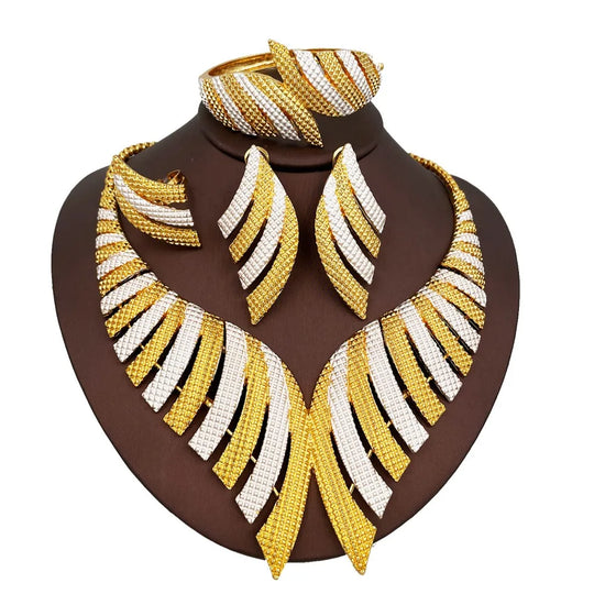 Luxury Two Tone Big Jewelry Set Gold Plated Necklace Bracelet Large Earring Ring For Women Bridal Africal Wedding Gift 2025 New