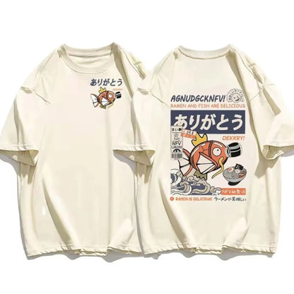 Japanese Streetwear T-shirt Men Koi Fish Soy Sauce Print Casual Women Short Sleeve Tee Summer 2025 Anime Fashion Y2k Clothes