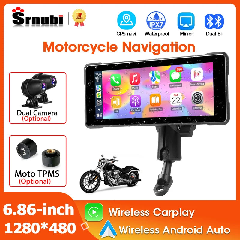 Srnubi 6.86" Motorcycle DVR or Player 1080P Dual Cam GPS Navigation Wireless Carplay Android Auto Stereo Moto Dashcam with TPMS