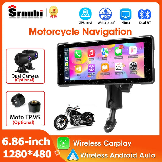 Srnubi 6.86" Motorcycle DVR or Player 1080P Dual Cam GPS Navigation Wireless Carplay Android Auto Stereo Moto Dashcam with TPMS