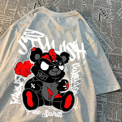 Exploding Black Puppet Bear Men Women T-Shirts High Quality Cotton Tops Summer Loose T Shirts Simplicity Breathable Streetwear