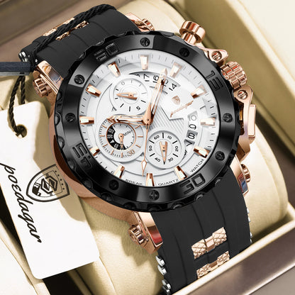 POEDAGAR Original Luxury Man Watch Chronograph Waterproof Luminous Sports Men Clock Calendar Silicone Strap Quartz Men's Watches