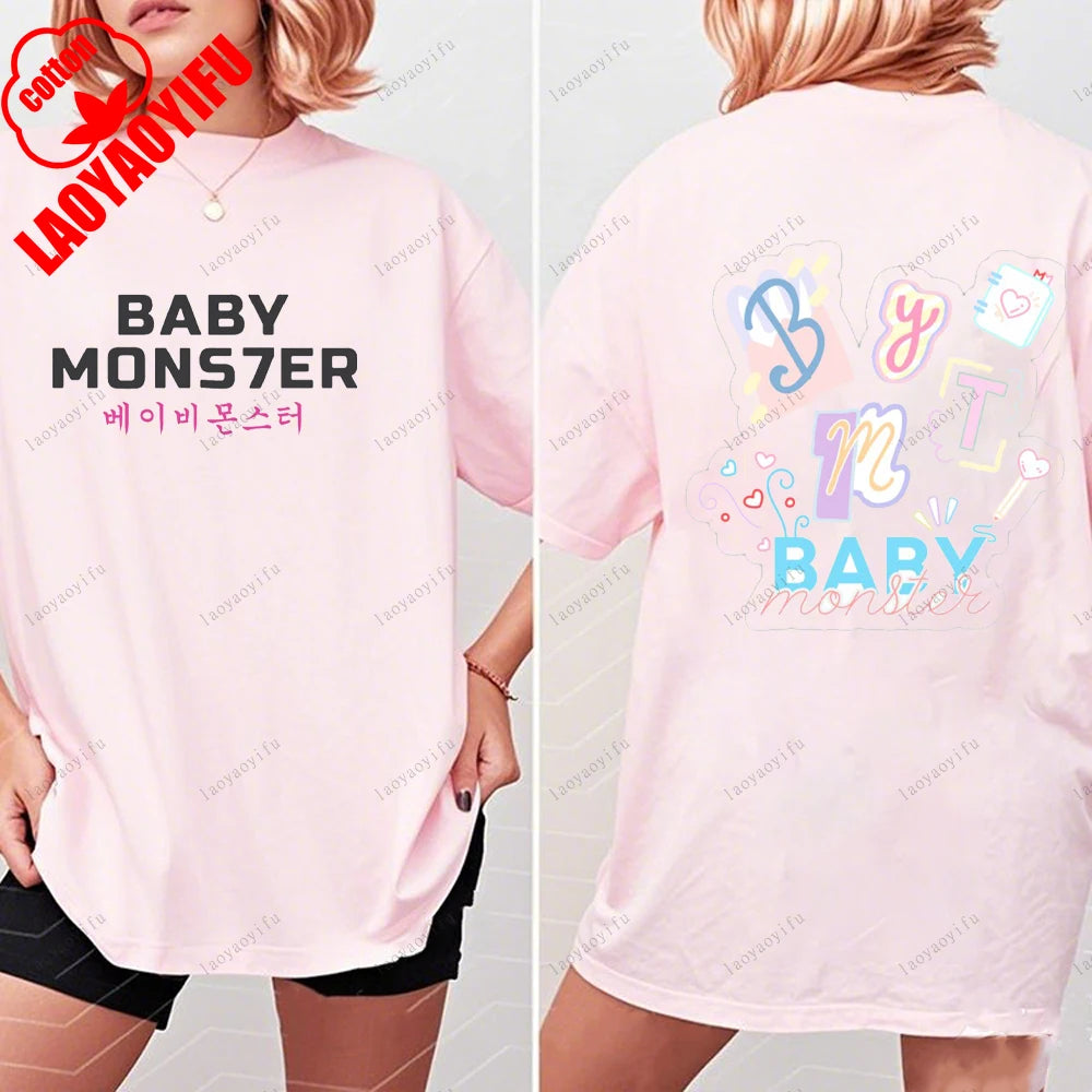 BABYMONSTER Kpop Band T-shirt Korean Fashion Summer Double Sided Tee Short Sleeve Cotton Comfortable Tshirts Women/Men Clothes