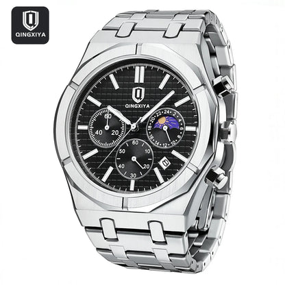QINGXIYA Brand New Fashion Chronograph Quartz Watch for Men Stainless Steel Waterproof Luminous Date Luxury Men's Watches Reloj