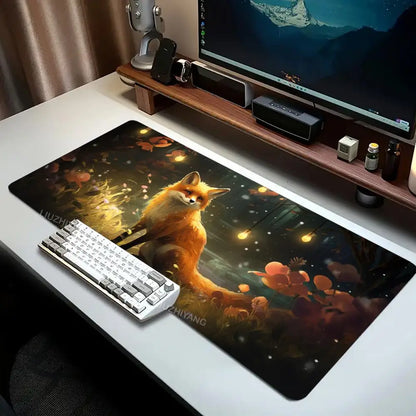 Cute Fox Theme Mouse Pad Large Computer Office Game Table Mat XXL Rubber Non-slip Stitched Edge Keyboard Mats Washable Desk Pads