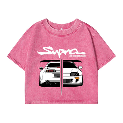 Woman Cotton Washed T-Shirts Street Regular O-Neck Crop Tees Japanese Style Cool Car Puzzle Print Short Sleeve Summer Clothes