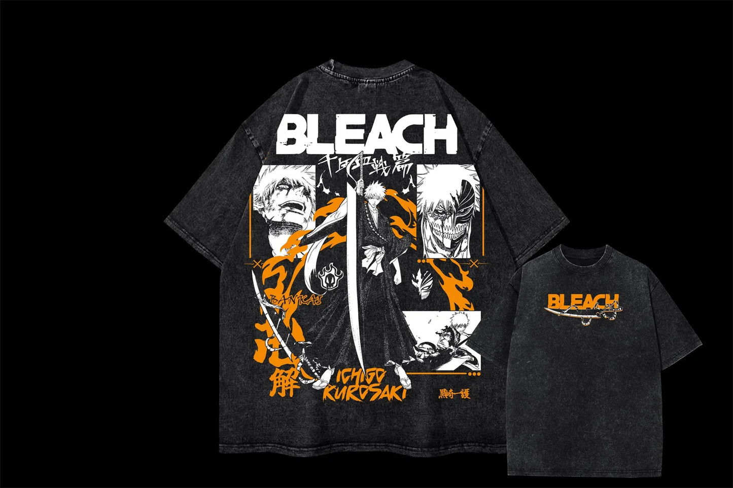 Anime BLEACH Graphic T Shirt Ichigo Kurosaki Vintage Hip Hop Washed Cotton T-shirt Men's Summer Street Casual Men Women Y2K Tops