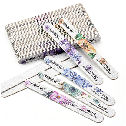 10pcs Set Wood Nail Buffer Reusable 100/180 Grit Smooth Straight Nail Files Floral Design Beautiful Nail Care Equipment