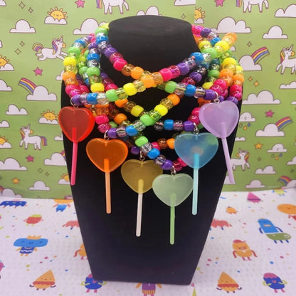 Y2K Kandi Necklaces | Neon Sparkly Rainbow | Lollipop Charms | Candy Girl Party Jewelry |  Dopamine Aesthetic