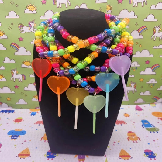 Y2K Kandi Necklaces | Neon Sparkly Rainbow | Lollipop Charms | Candy Girl Party Jewelry |  Dopamine Aesthetic