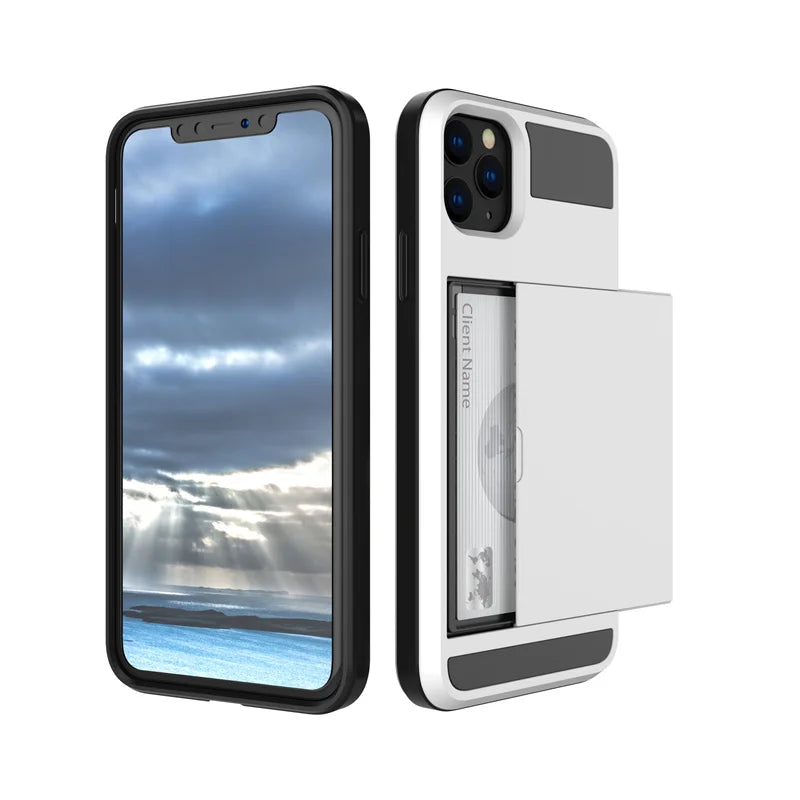 Slide Wallet Credit Card Slot PC Phone Case For iPhone 13 12 Mini 11 14 15 Pro Max XS XR 7 8 Plus SE TPU Armor Shockproof Cover