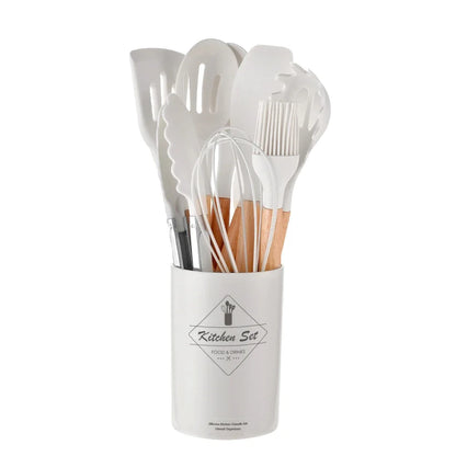 12PCS Mint Green Silicone Kitchen Utensils Set with Wooden Handle, Non-Stick Cooking Tools & Utensil Holder Organizer