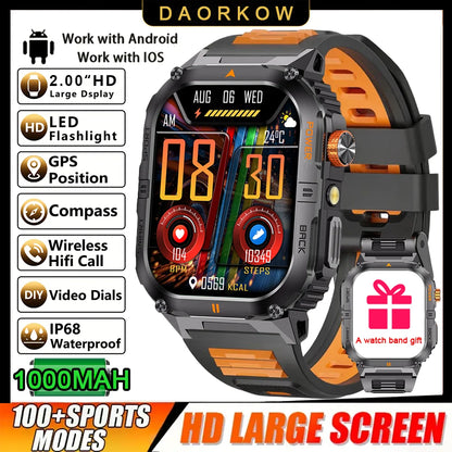 New 1000mAh military outdoor smartwatch for men, LED flashlight, IP68 waterproof, GPS sports, 2.01-inch Bluetooth call smartwatc
