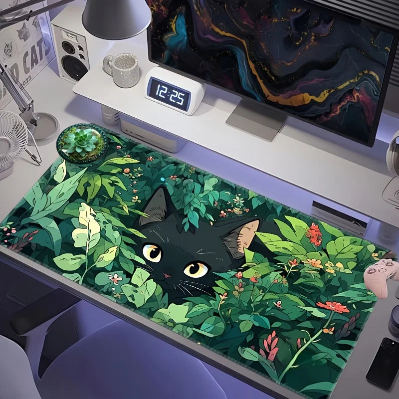 Black Cat Mouse Pad in The Grass,anti-slip Rubber Game Pad,durable Table Pad, Stitched Edges,suitable for Home Office and Gaming