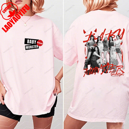 BABYMONSTER Kpop Band T-shirt Korean Fashion Summer Double Sided Tee Short Sleeve Cotton Comfortable Tshirts Women/Men Clothes