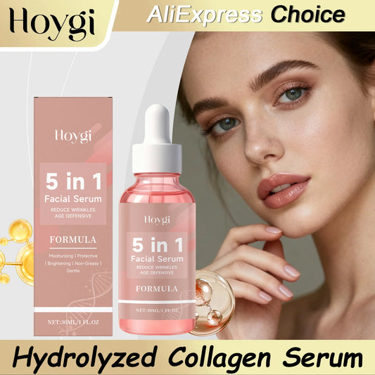 HOYGI 5 In 1 Fade Fine Lines Firming Face Serum Moisturizing Brightning Vitamin E Collagen Facial Essence Shrink Pores Skin Care