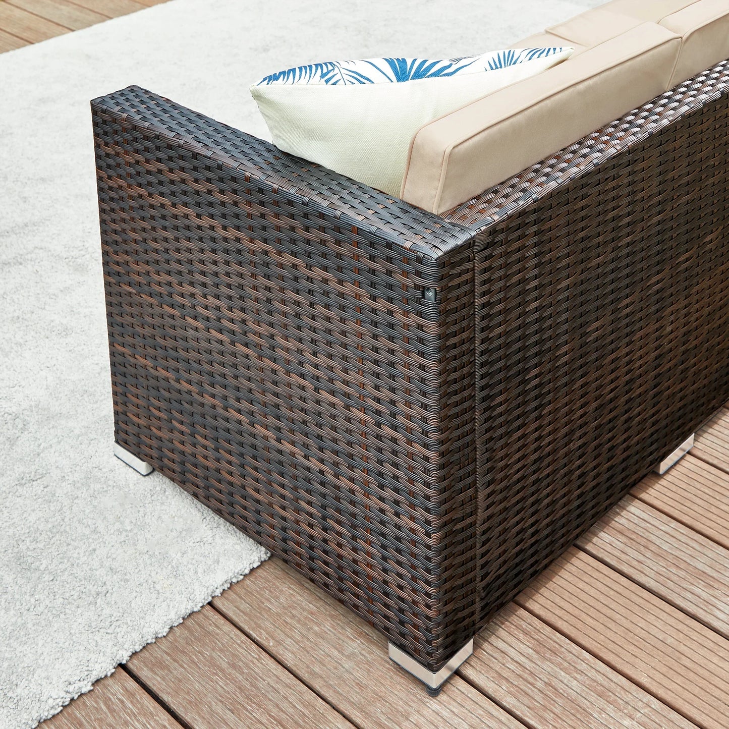 Rattan Garden Furniture Set, Outdoor Corner Sofa Couch, Handwoven Rattan Patio Conversation Set, Cushions and Glass Table