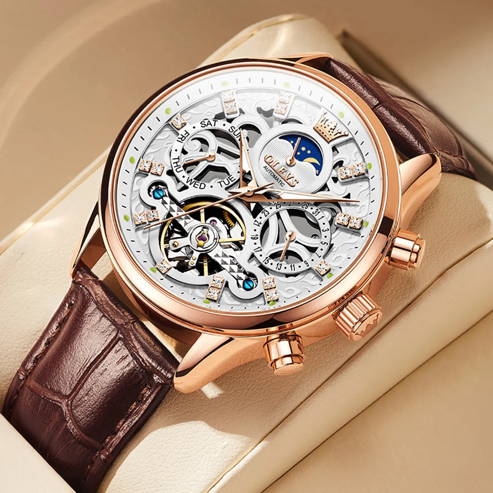 OLEVS 6658 Fashion Men's Watches Hollow Flywheel Automatic Mechanical Wristwatch Leather Strap Waterproof Luminous Moon Phase