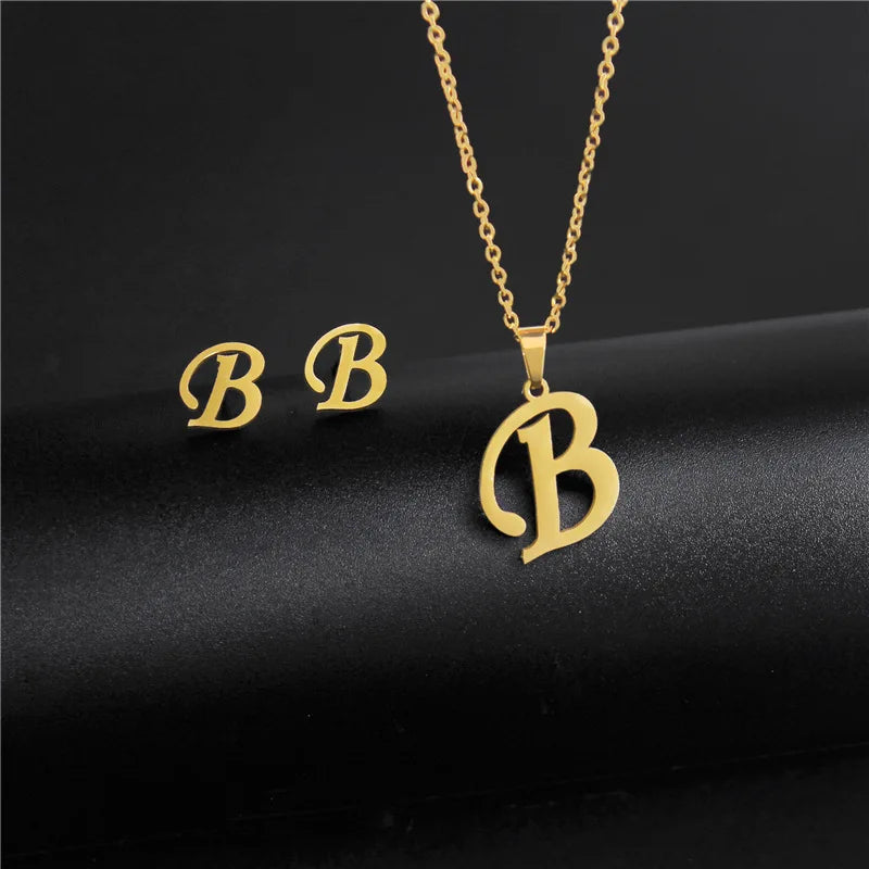 A-Z 26 Stainless Steel Initial Necklace and Earring Jewelry Set Letter Pendant Chain Alphabet Mom Christmas Gift