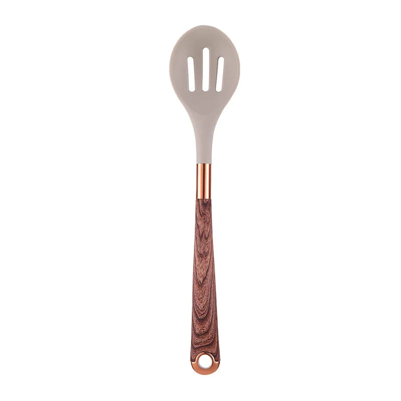 LMETJMA Silicone Kitchen Utensil Set 10 Pcs Cooking Utensil with Utensils Holder Wooden Pattern Handles Nonstick Cookware JT264