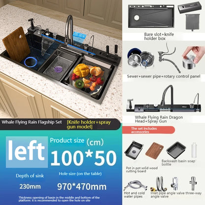 Stainless Steel Waterfall Kitchen Sink New Embossed Extra Large Single Slot Modern Digital Display Multifunctional Kitchen Sinks