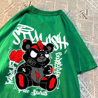 Exploding Black Puppet Bear Men Women T-Shirts High Quality Cotton Tops Summer Loose T Shirts Simplicity Breathable Streetwear
